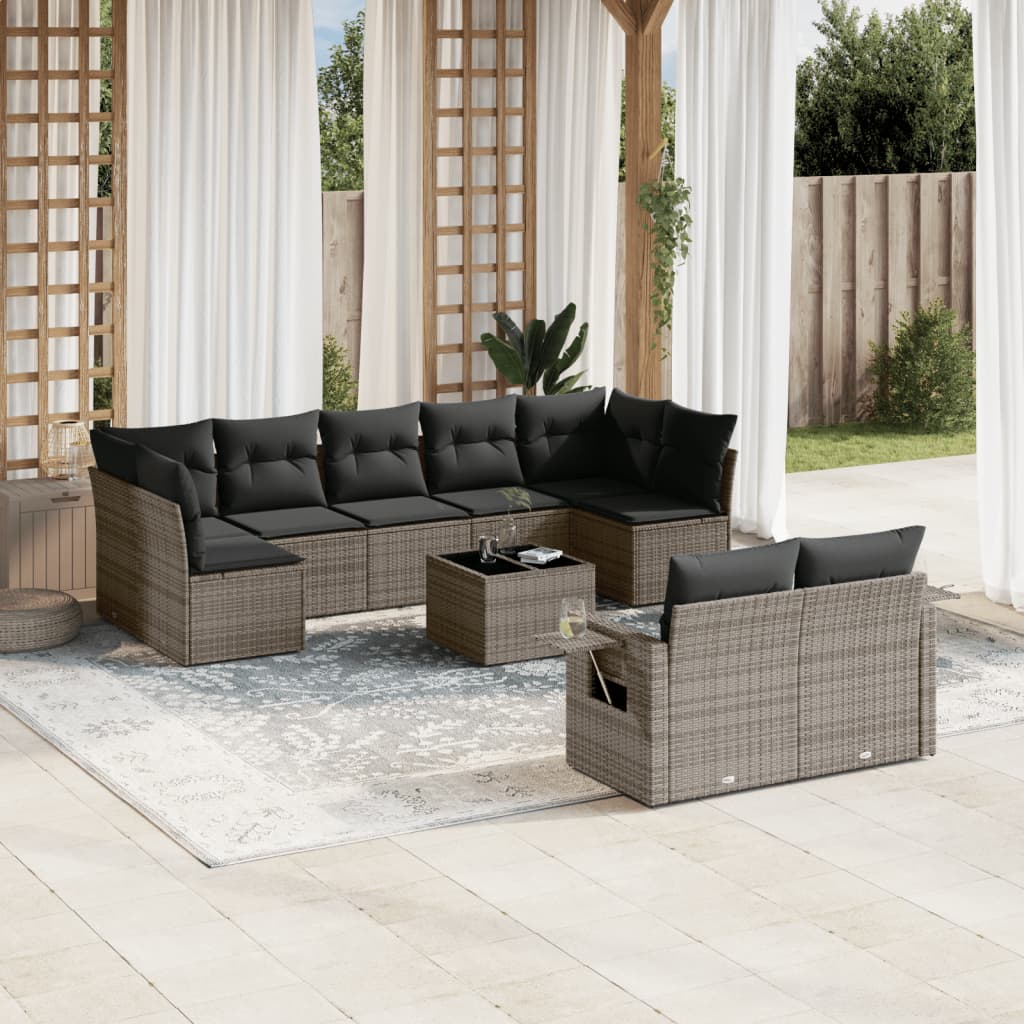 Salon de jardin avec coussins 10 pcs gris résine tressée