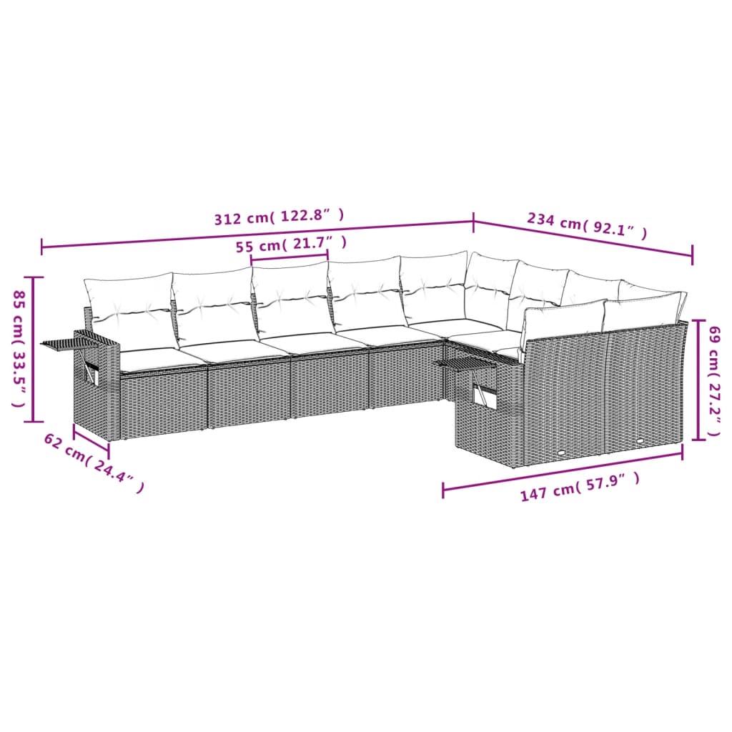 Salon de jardin avec coussins 9 pcs marron résine tressée