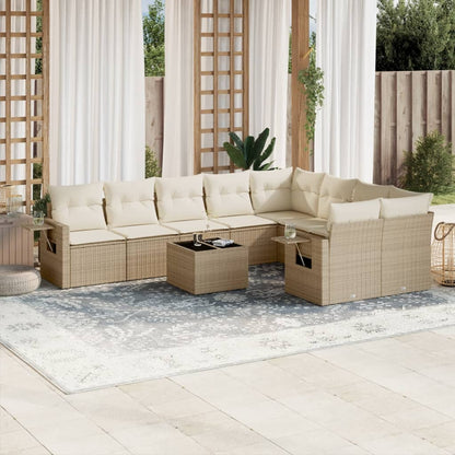 Salon de jardin avec coussins 10 pcs beige résine tressée