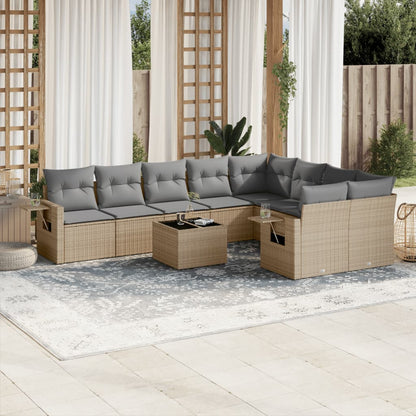 Salon de jardin avec coussins 10 pcs beige résine tressée