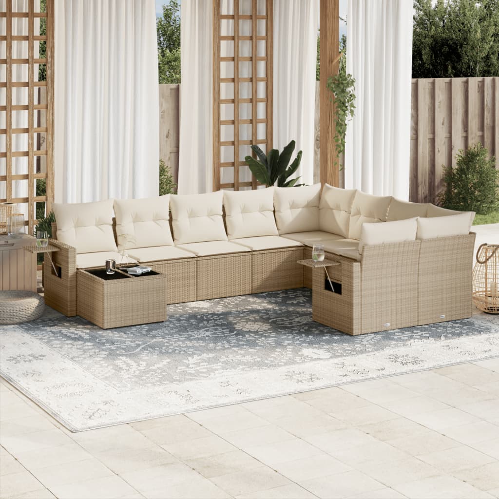 Salon de jardin avec coussins 10 pcs beige résine tressée