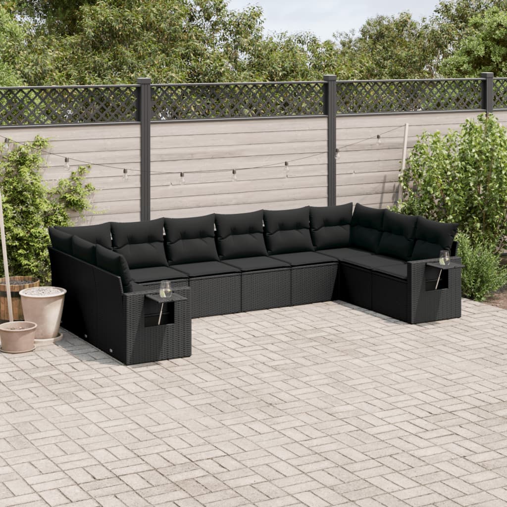 Salon de jardin 10 pcs avec coussins noir résine tressée