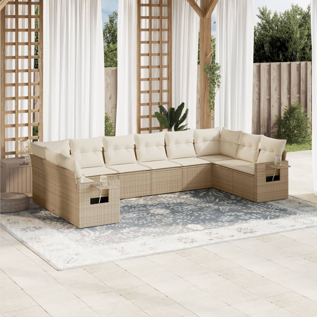 Salon de jardin avec coussins 10 pcs beige résine tressée