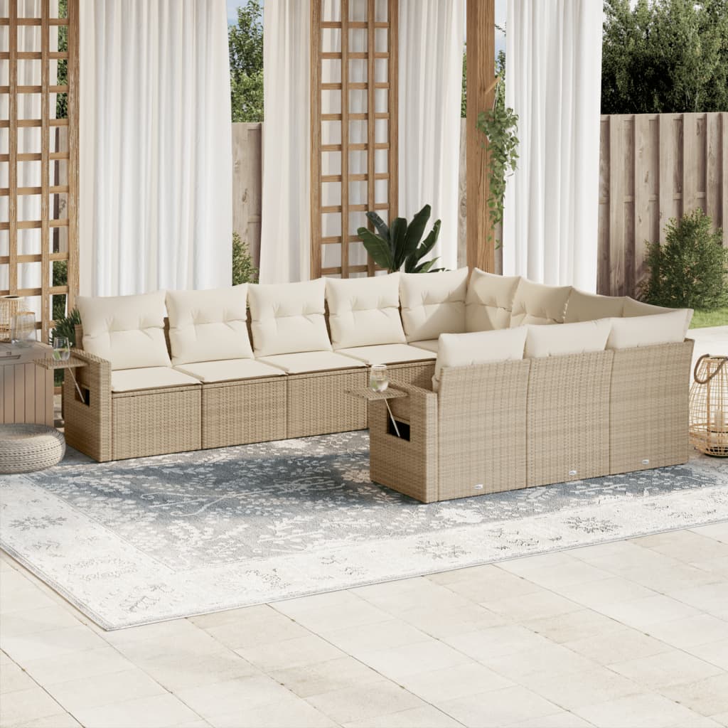 Salon de jardin avec coussins 10 pcs beige résine tressée