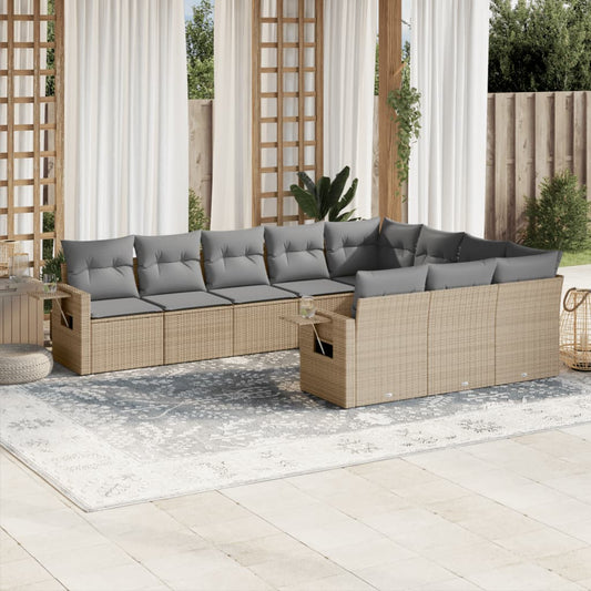 Salon de jardin avec coussins 10 pcs beige résine tressée