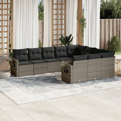 Salon de jardin avec coussins 10 pcs gris résine tressée