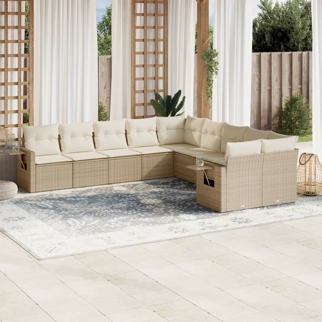 Salon de jardin avec coussins 10 pcs beige résine tressée