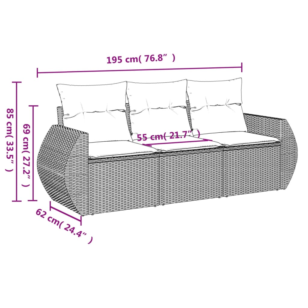 Salon de jardin avec coussins 3 pcs gris résine tressée