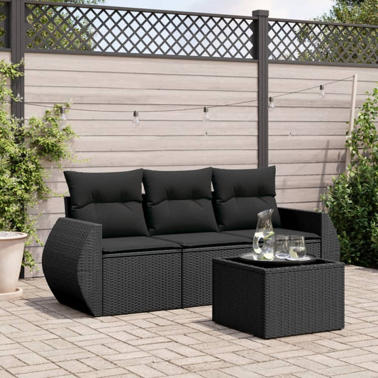 Salon de jardin 4 pcs avec coussins noir résine tressée