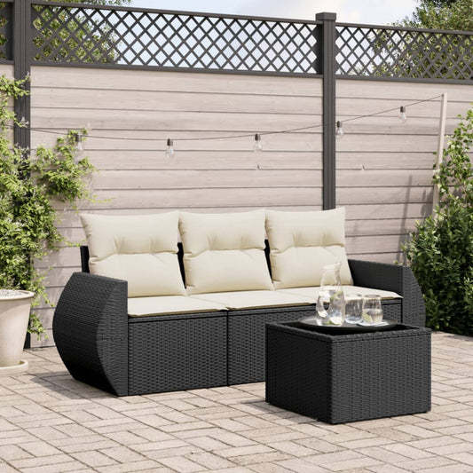 Salon de jardin 4 pcs avec coussins noir résine tressée