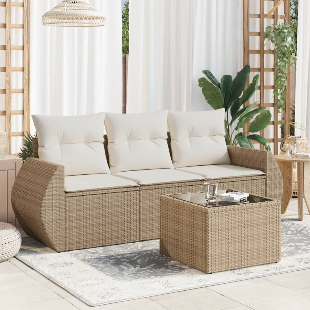 Salon de jardin avec coussins 4 pcs beige résine tressée