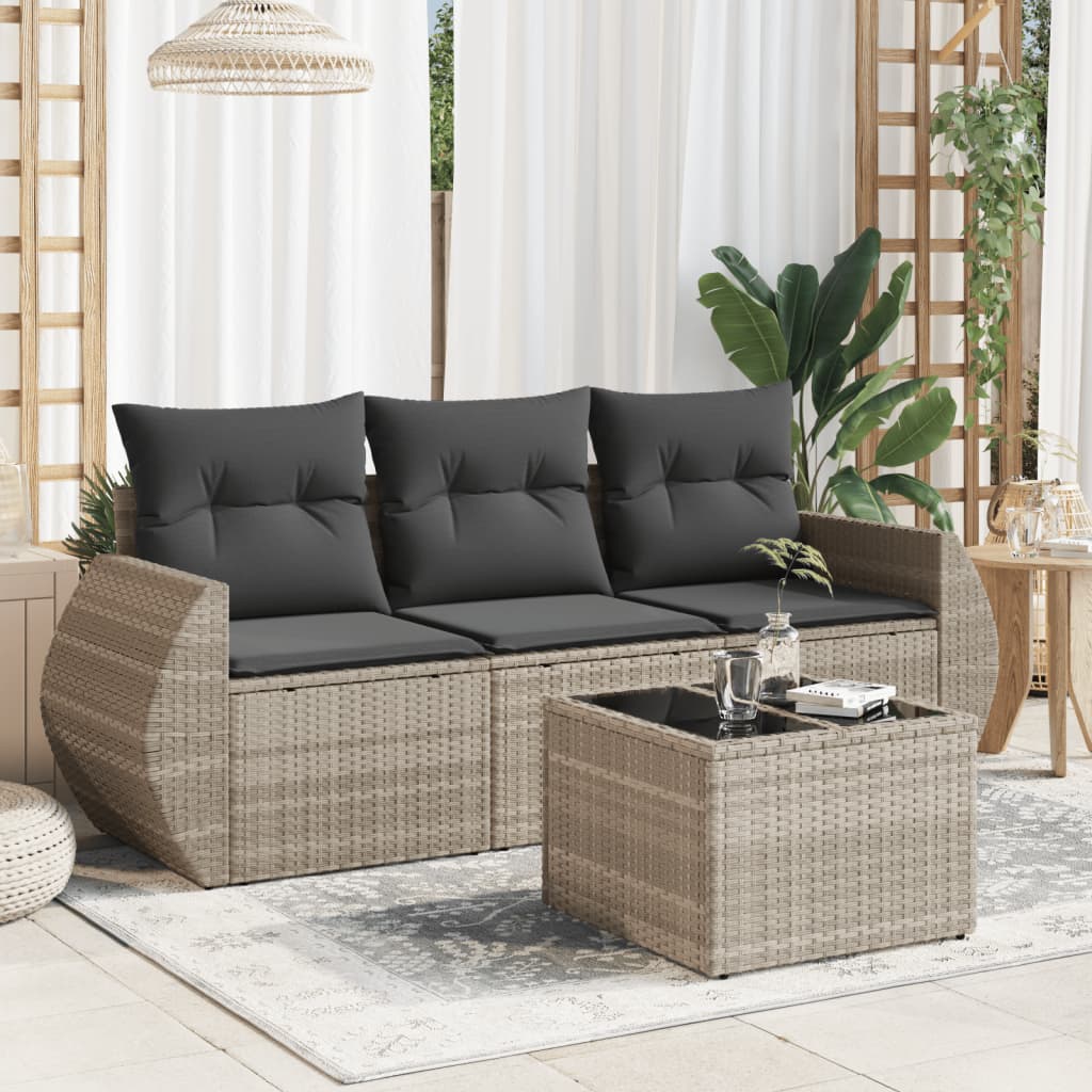 Salon de jardin 4 pcs avec coussins gris clair résine tressée