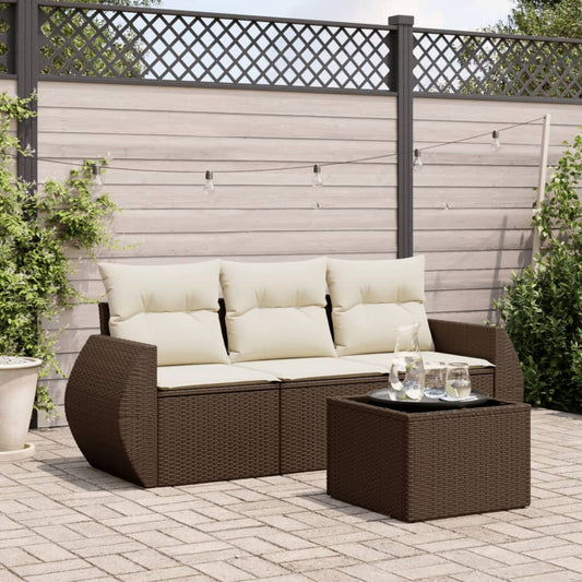 Salon de jardin 4 pcs avec coussins marron résine tressée