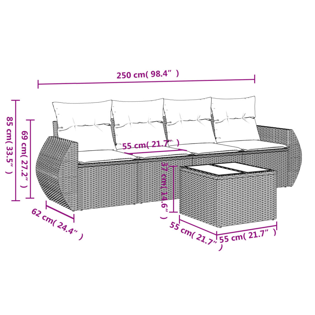 Salon de jardin avec coussins 5 pcs marron résine tressée