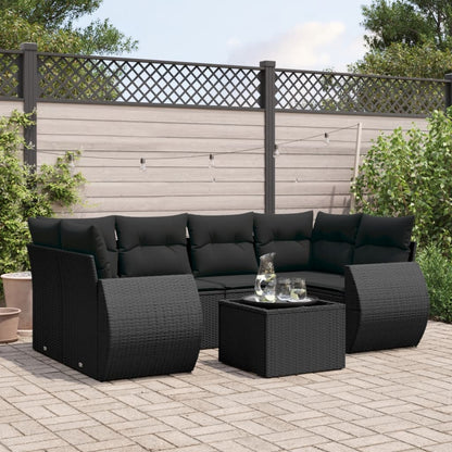 Salon de jardin 7 pcs avec coussins noir résine tressée