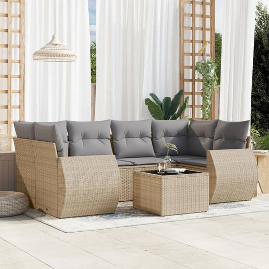 Salon de jardin avec coussins 7 pcs beige résine tressée