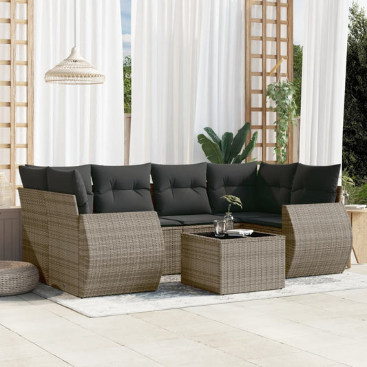 Salon de jardin avec coussins 7 pcs gris résine tressée