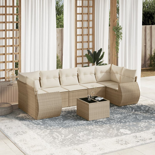 Salon de jardin avec coussins 8 pcs beige résine tressée