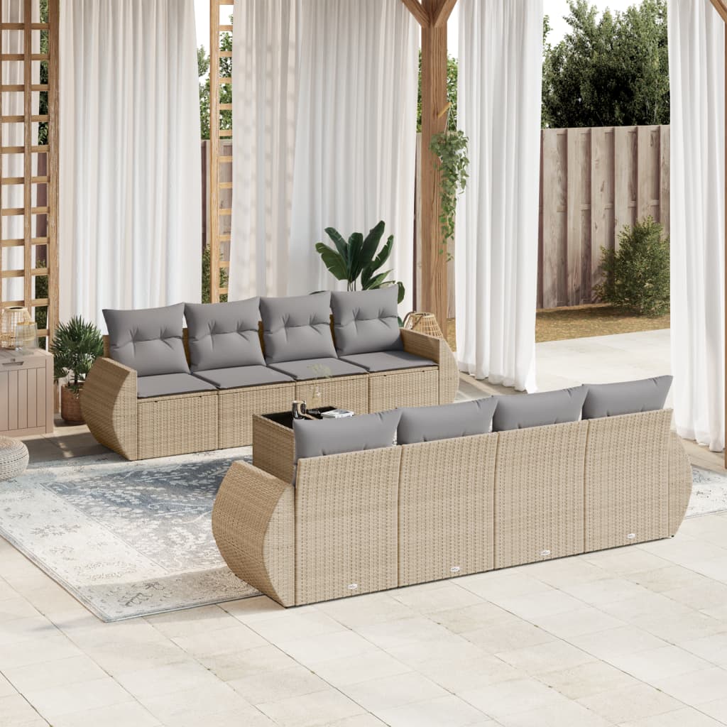 Salon de jardin avec coussins 9 pcs beige résine tressée