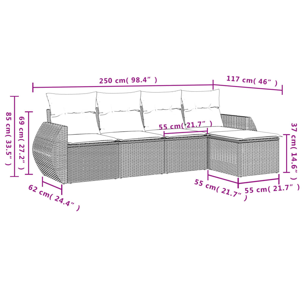 Salon de jardin 5 pcs avec coussins gris résine tressée