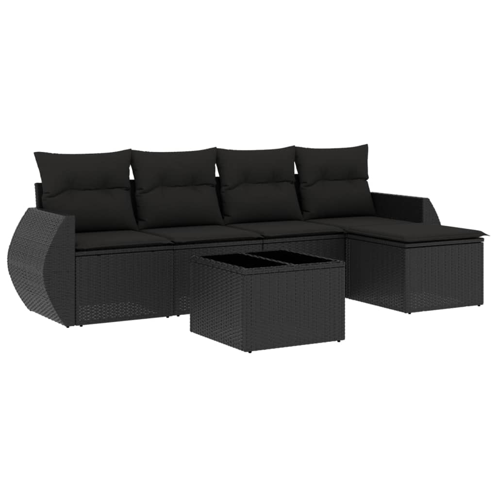 Salon de jardin 6 pcs avec coussins noir résine tressée