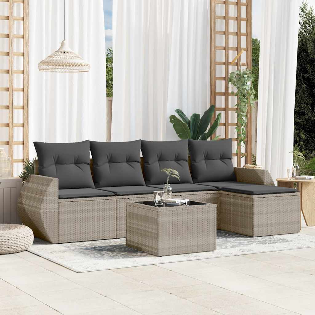 Salon de jardin 6 pcs avec coussins gris clair résine tressée