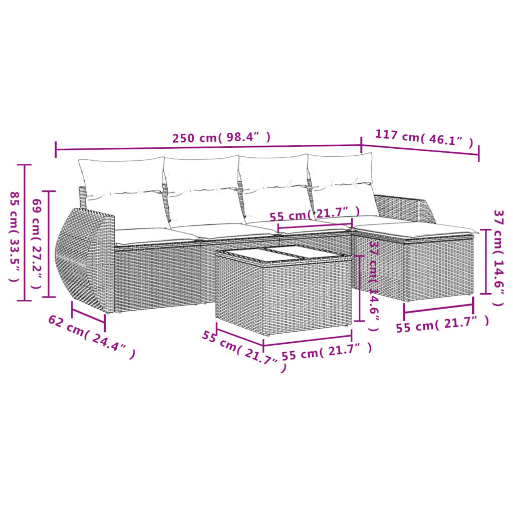 Salon de jardin avec coussins 6 pcs marron résine tressée