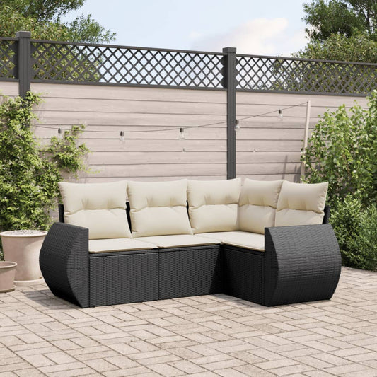 Salon de jardin 4 pcs avec coussins noir résine tressée