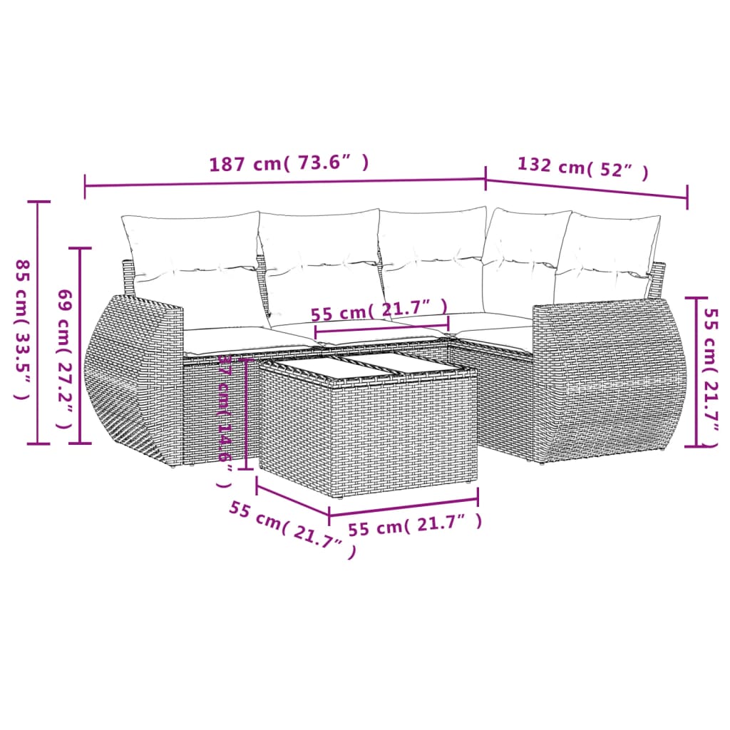 Salon de jardin avec coussins 5 pcs marron résine tressée