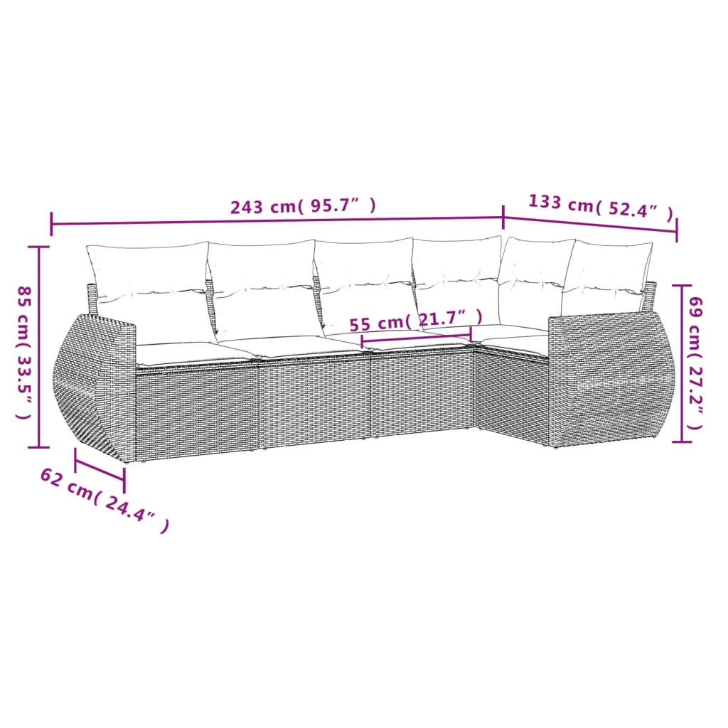 Salon de jardin avec coussins 5 pcs marron résine tressée