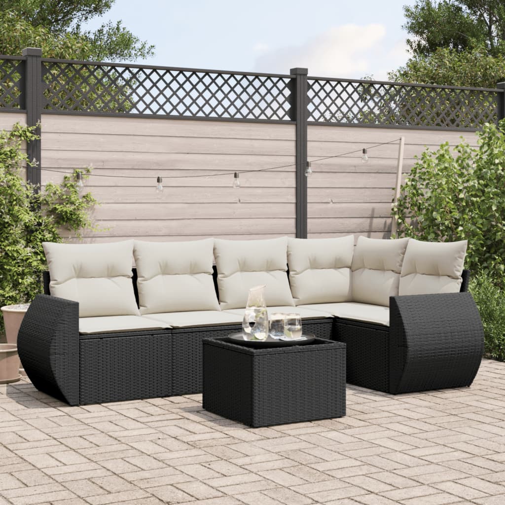 Salon de jardin 6 pcs avec coussins noir résine tressée