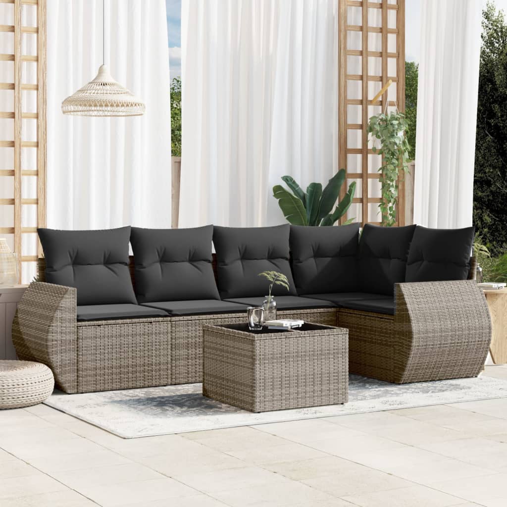 Salon de jardin 6 pcs avec coussins gris résine tressée