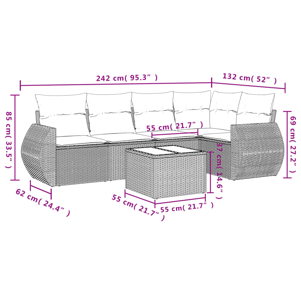 Salon de jardin avec coussins 6 pcs marron résine tressée