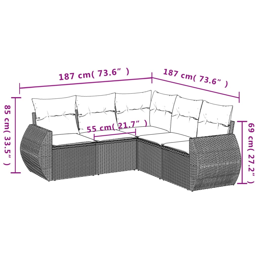 Salon de jardin 5 pcs avec coussins noir résine tressée