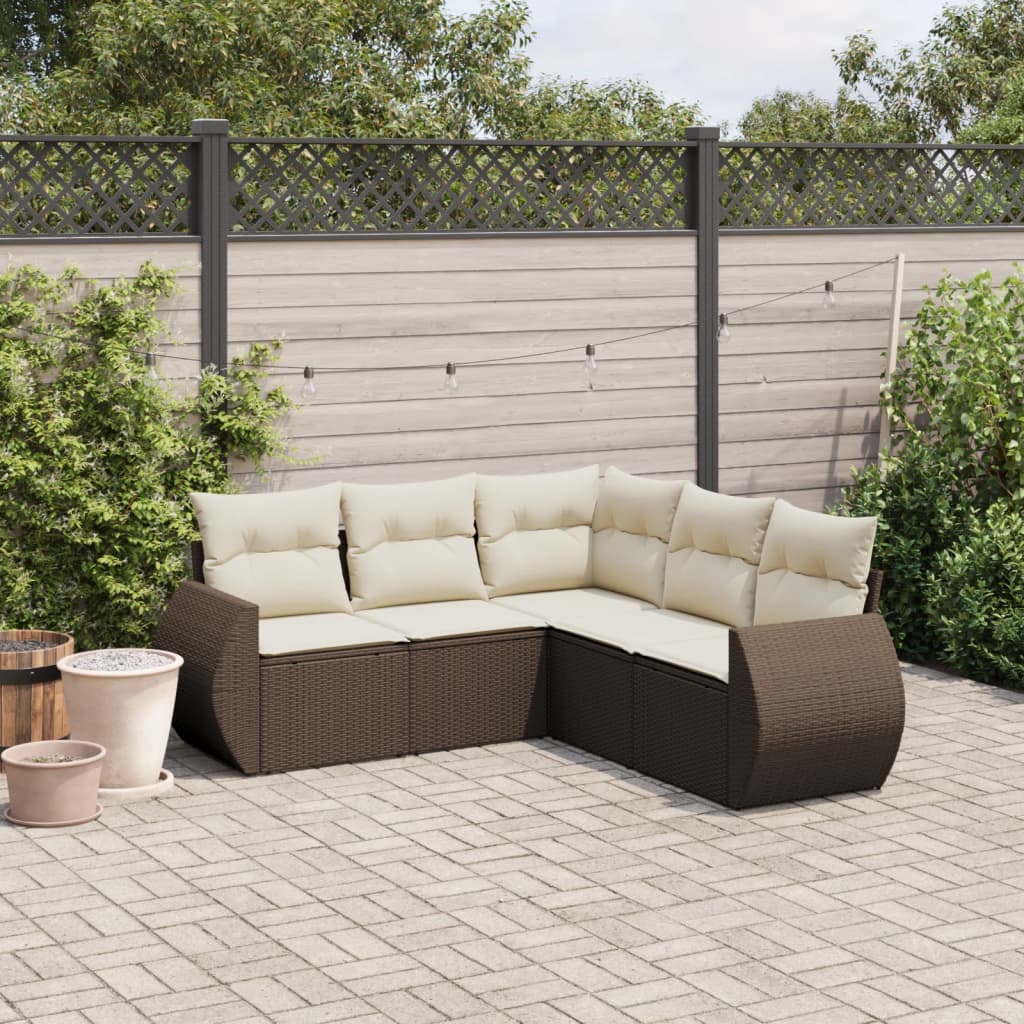 Salon de jardin avec coussins 5 pcs marron résine tressée