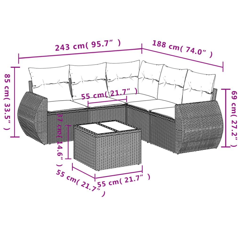 Salon de jardin avec coussins 6 pcs marron résine tressée