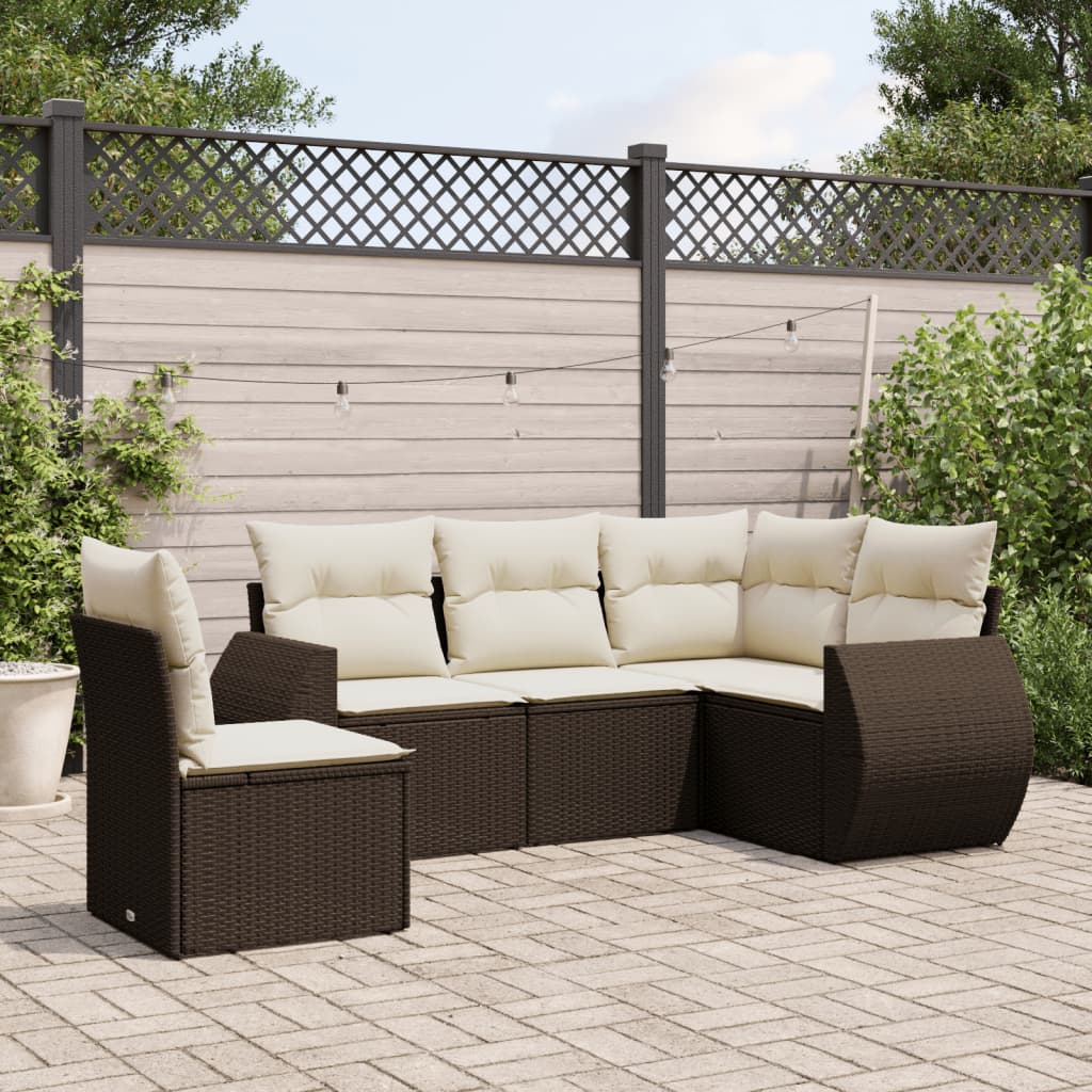 Salon de jardin avec coussins 5 pcs marron résine tressée