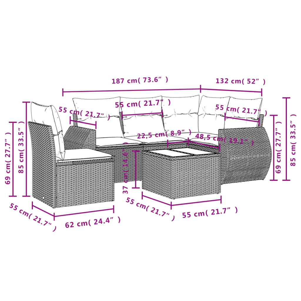 Salon de jardin avec coussins 6 pcs beige résine tressée