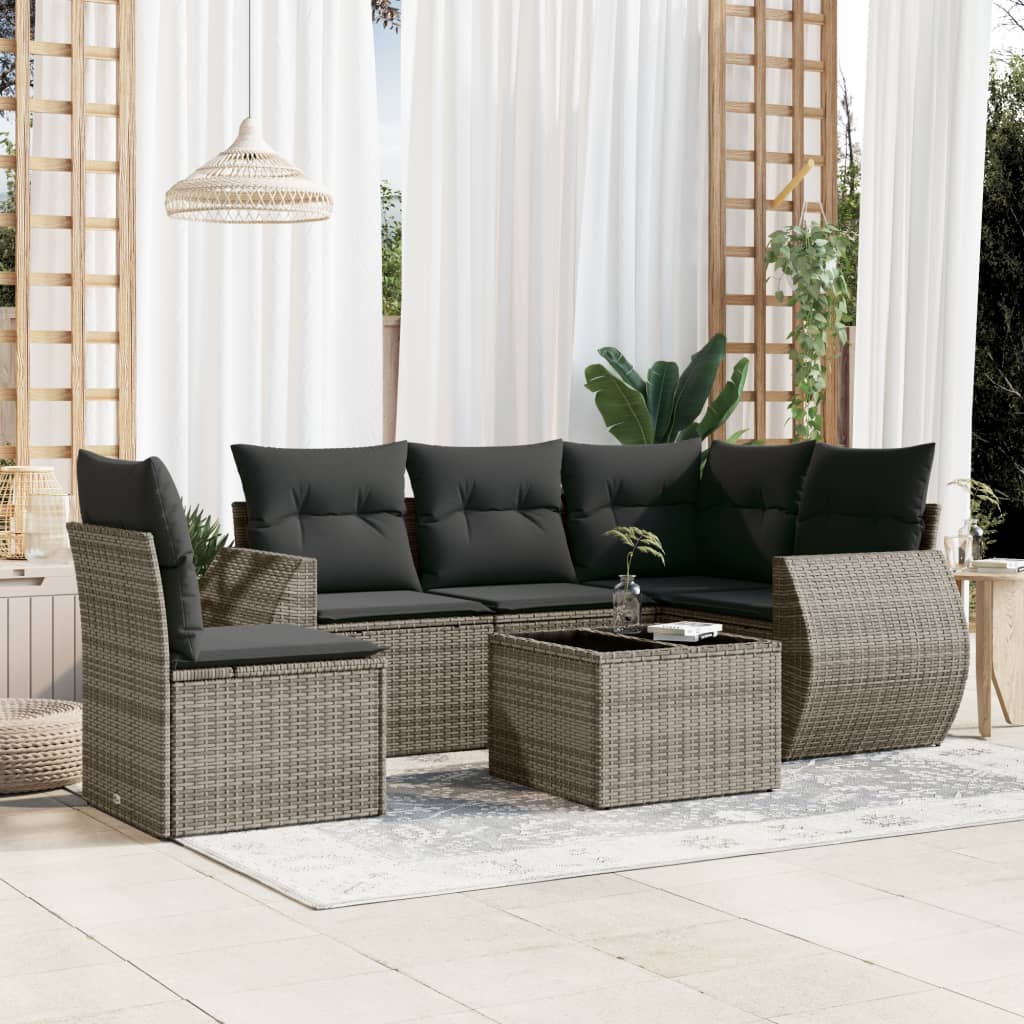 Salon de jardin 6 pcs avec coussins gris résine tressée