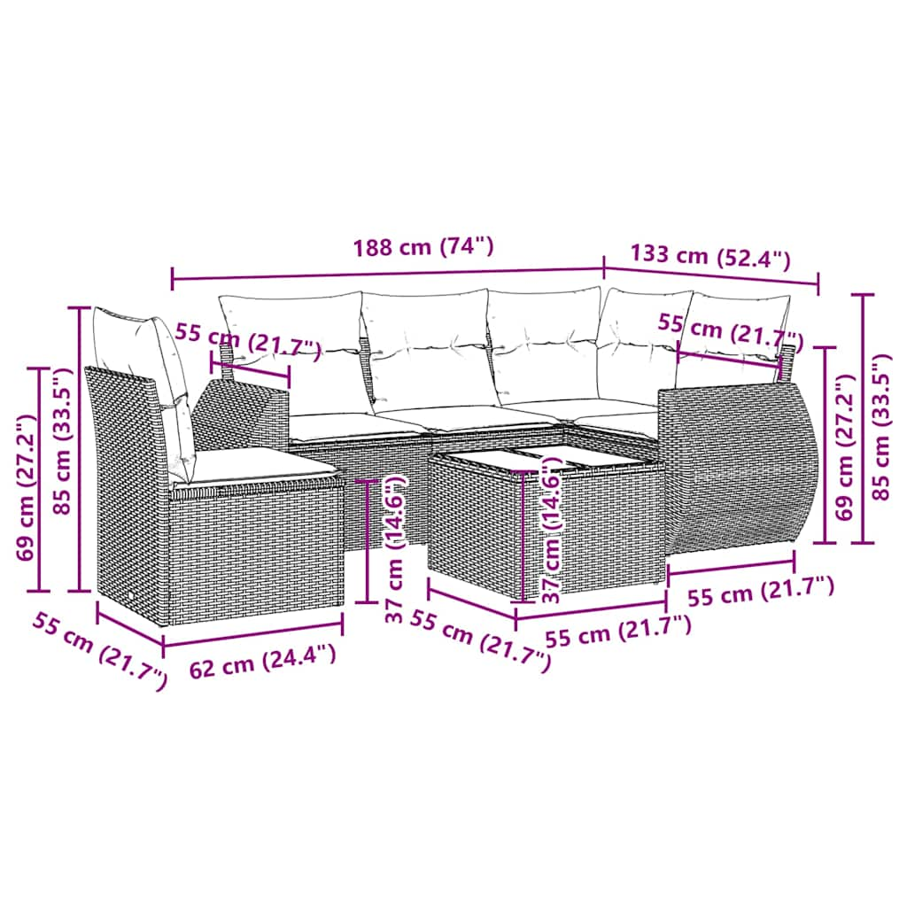 Salon de jardin 6 pcs avec coussins gris clair résine tressée