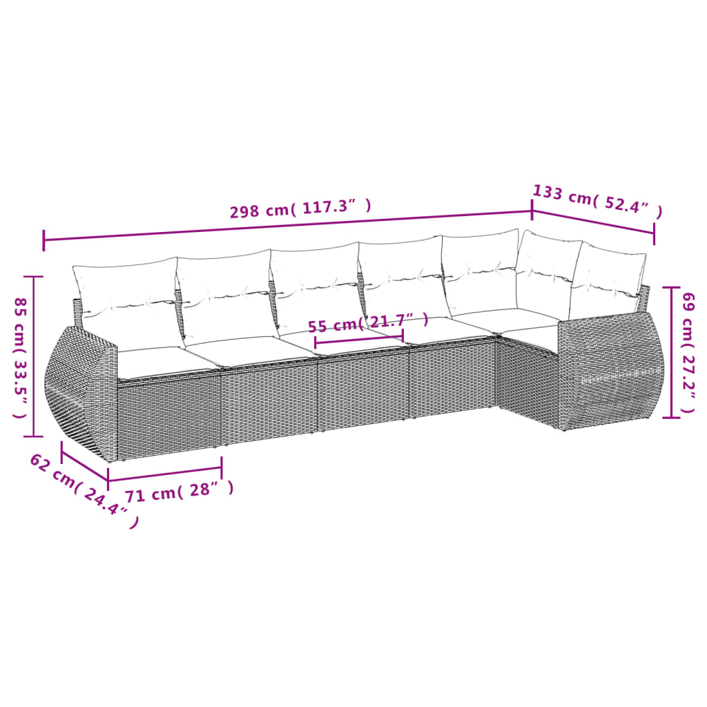 Salon de jardin avec coussins 6 pcs marron résine tressée