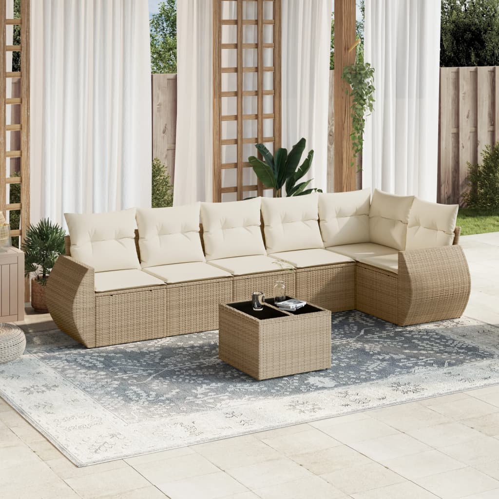 Salon de jardin avec coussins 7 pcs beige résine tressée