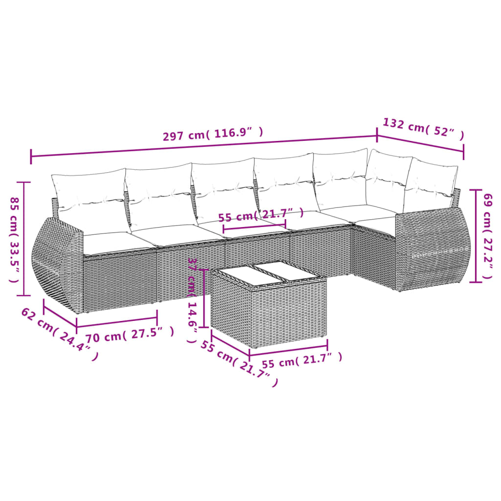 Salon de jardin avec coussins 7 pcs beige résine tressée