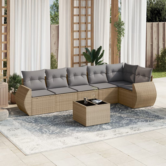 Salon de jardin avec coussins 7 pcs beige résine tressée