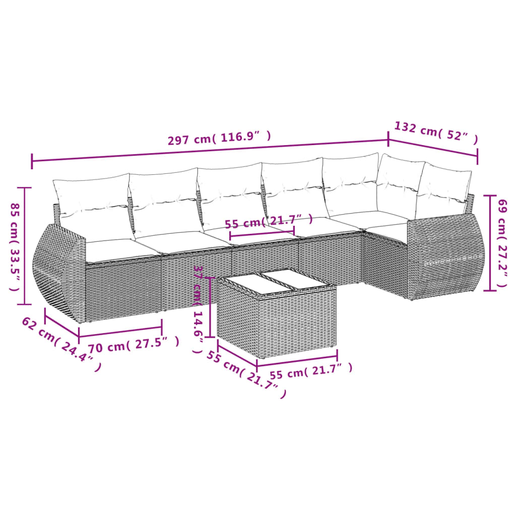 Salon de jardin avec coussins 7 pcs gris résine tressée