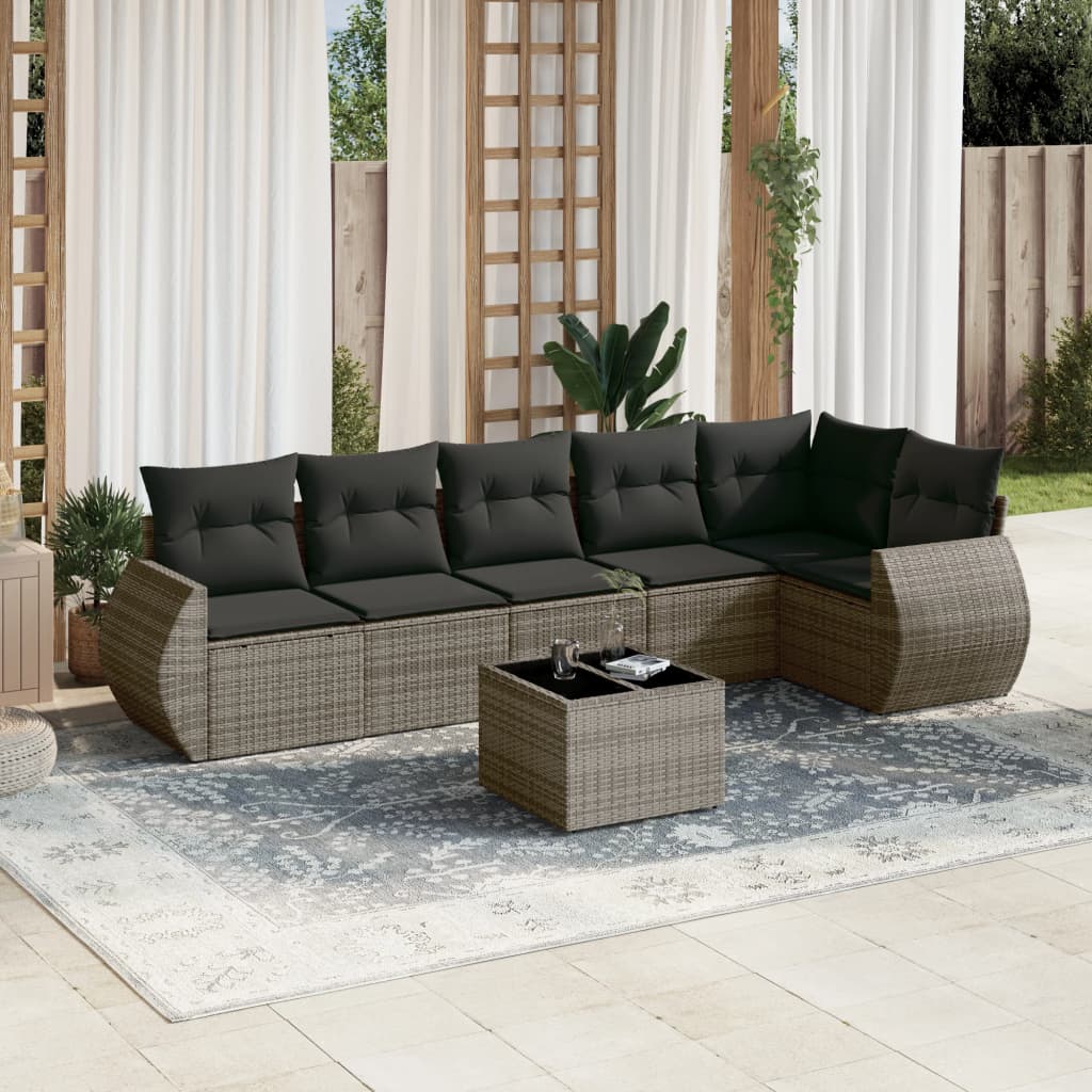 Salon de jardin avec coussins 7 pcs gris résine tressée