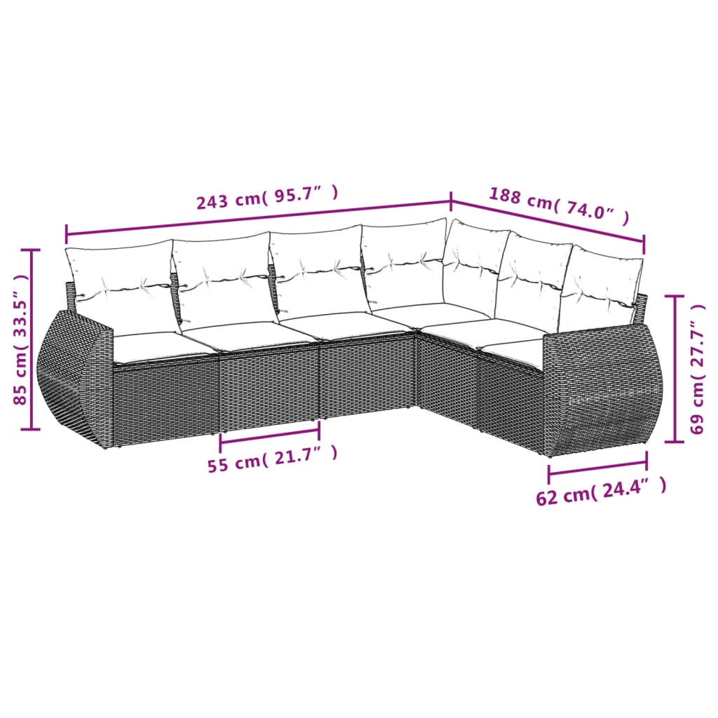 Salon de jardin avec coussins 6 pcs marron résine tressée