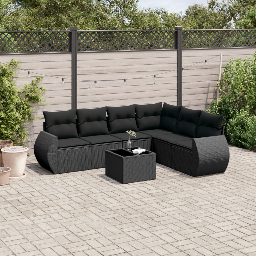 Salon de jardin 7 pcs avec coussins noir résine tressée