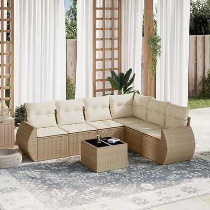 Salon de jardin avec coussins 7 pcs beige résine tressée