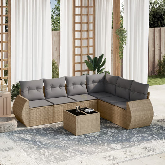 Salon de jardin avec coussins 7 pcs beige résine tressée